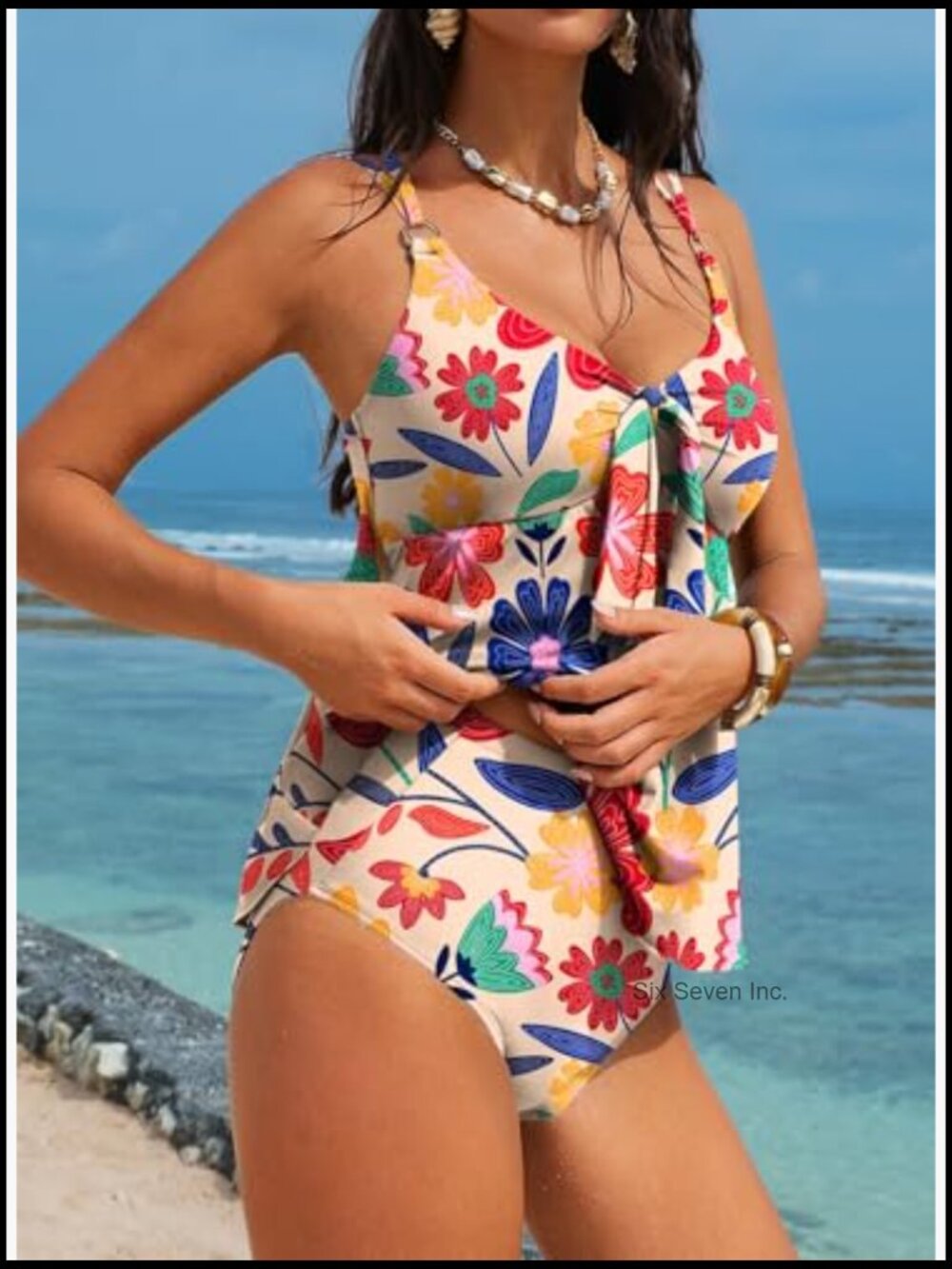 Tankini Swimsuits Tummy Control Two Piece Bathing Suit V Neck Tie Front Flowy - Picture 3 of 7